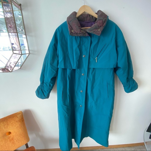 Vintage Long Trench Winter Jacket Teal and Purple with waist tie and zipper - Picture 2 of 15